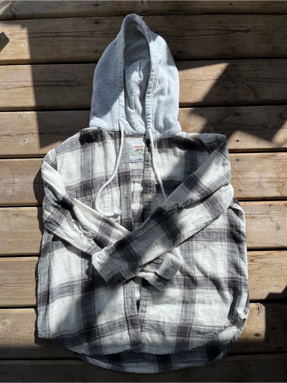 Small Distressed Plaid Hooded Flannel from American Eagle